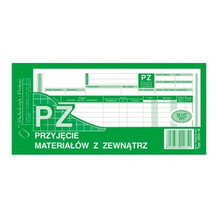 352-8 PZ przyjęcie materiałów z zewnątrz, 1/3 A4 80 kartek, MICHALCZYK&PROKOP