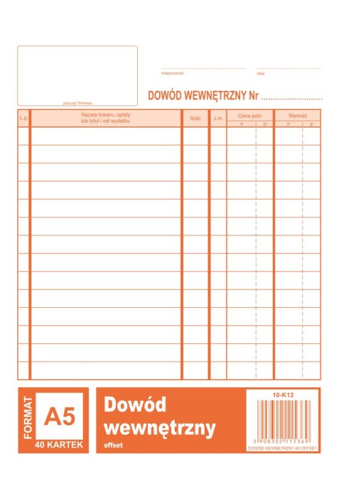 Dowód wewnetrzny A5, 40 kartek offset, 10-K12 DOTTS