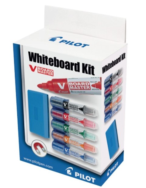 Komplet markerów suchościeralnych do tablic (5szt. mix kolor marker + gąbka + holder) V-BOARD MASTER PILOT PIKIT-VBM-S5