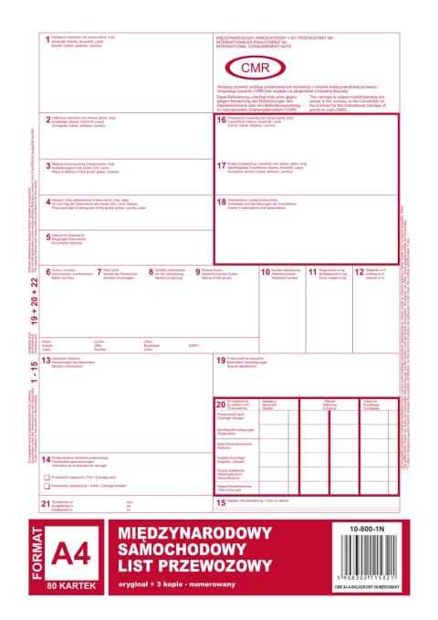 Międynarodowy list przewozowy CMR A4, 80 kartek numerowany (1+3) 10-800-1N DOTTS