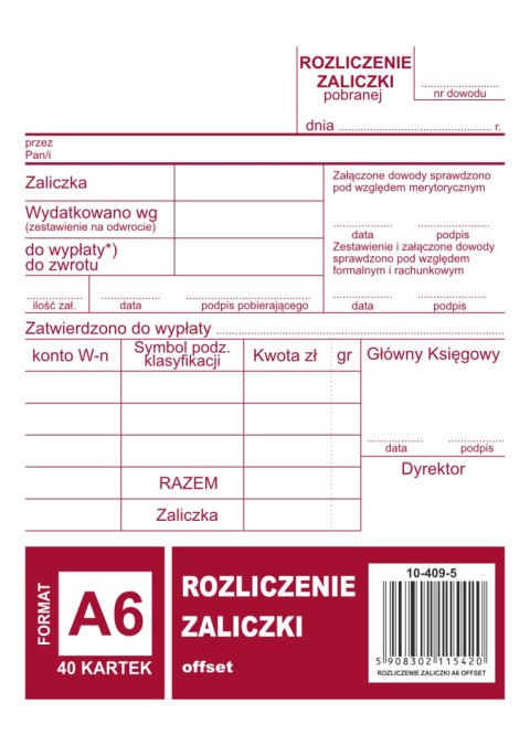 Rozliczenie zaliczki A6, 40 kartek offset, 10-409-5 DOTTS