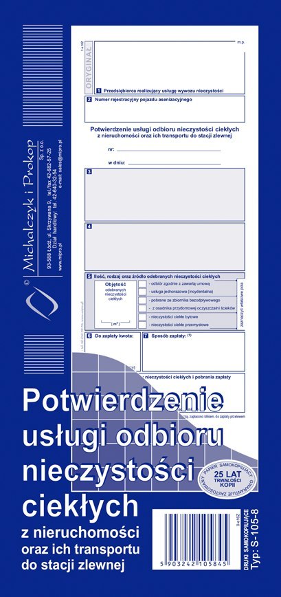 S-105-8 Potwierdzenie usługi odbioru nieczystości ciekłych oraz ich transportu do stacji zlewni 1/3 A4 MICHALCZYK I PROKOP