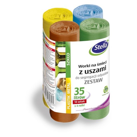 Worki z uszami STELLA, do segregacji odpadów, zestaw, 35 l, 4x10 szt., mix, 032174
